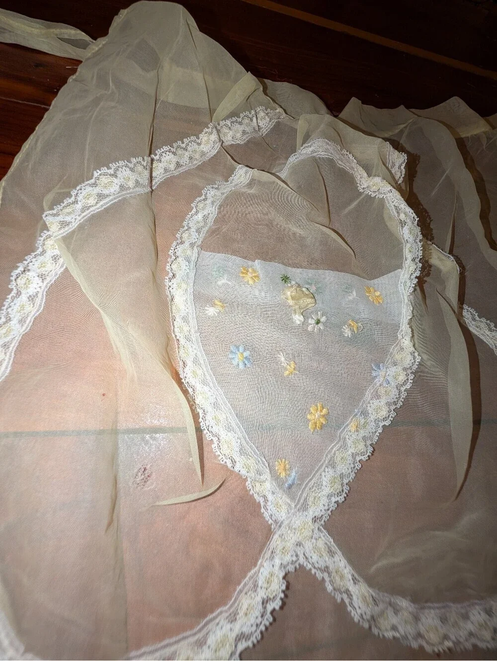 Vintage Sheer Organza Apron with Embroidered Floral Design
